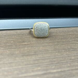 Luxe Bling faux diamonds crystals Sterling silver 18K gold tone cushion  Ring